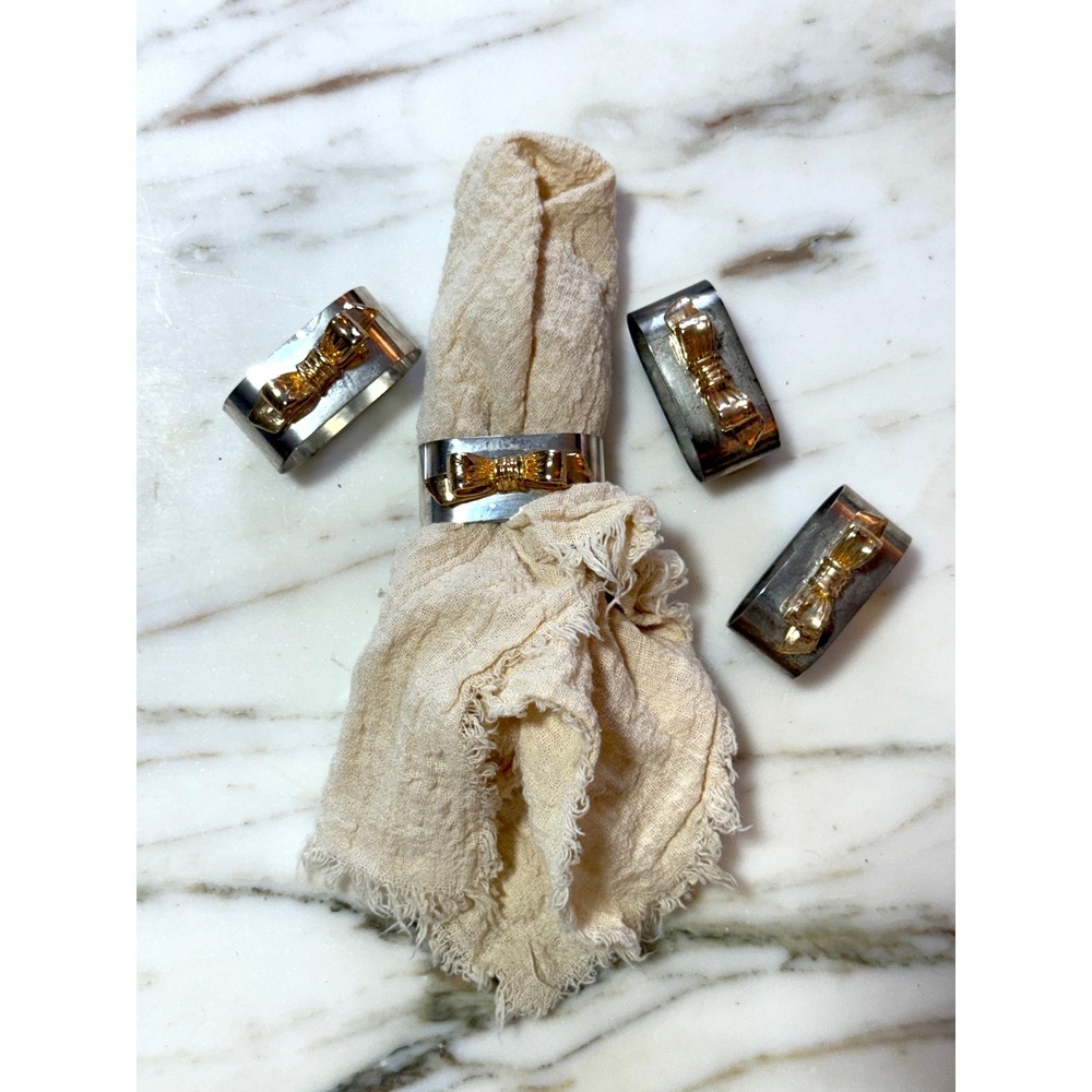 Vintage Royal Quality Silver Napkin Rings Set of 4 Gold Bow Two Tone Hong Kong